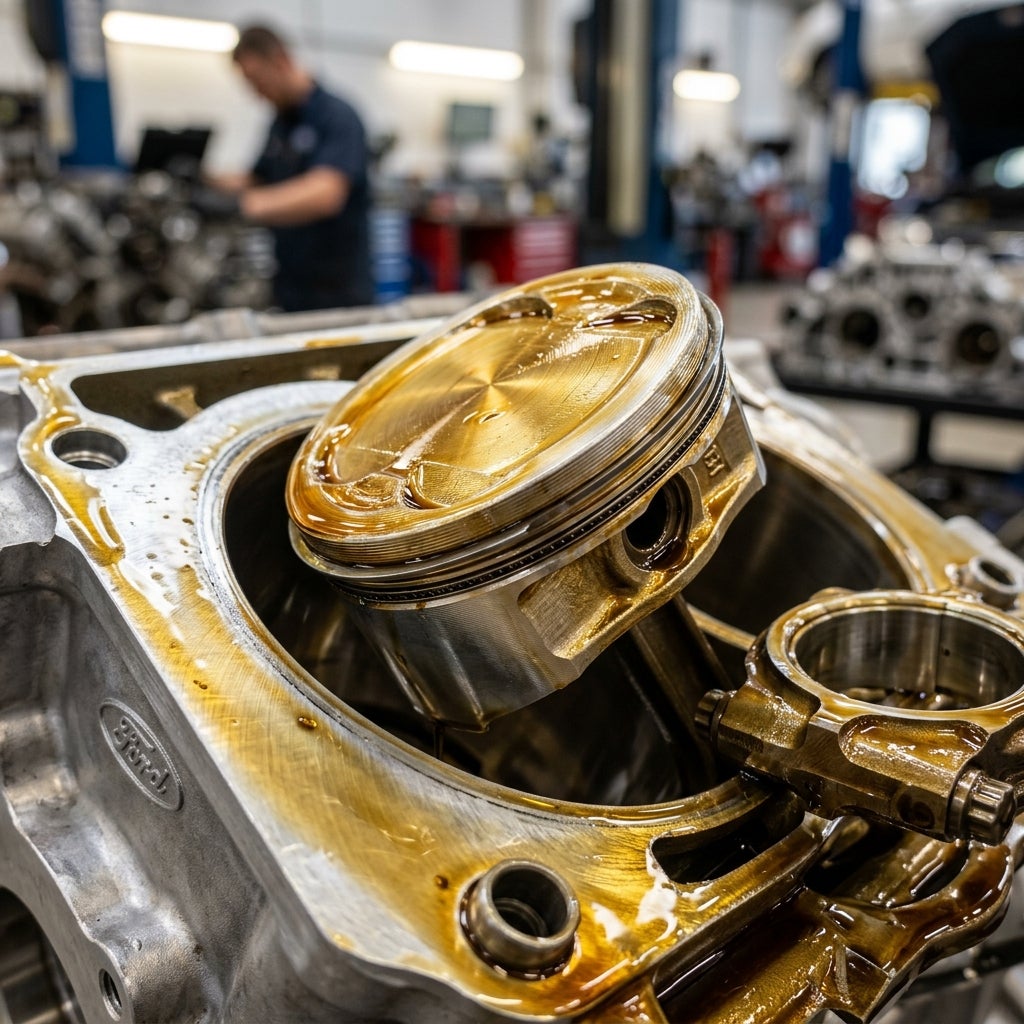 Extreme macro photography of a high-performance Ford engine’s internal components, a thick and glistening layer of translucent amber engine oil coating a polished metal piston and cylinder wall, the viscous fluid creating a shimmering protective barrier against wear, intricate mechanical textures of
