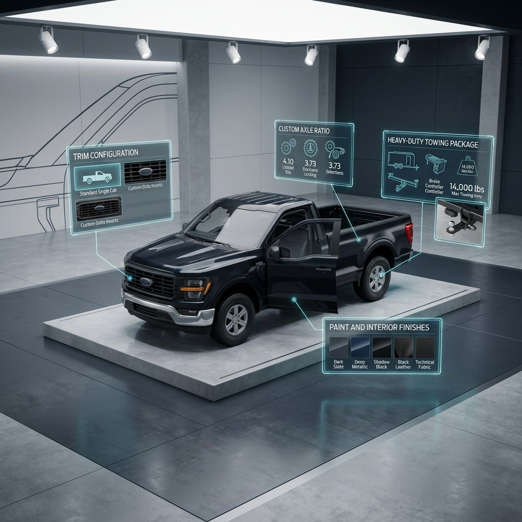 A dark pickup truck displayed in a modern showroom surrounded by glowing digital configuration menus. (Representative image for illustration purposes only. Actual vehicle may vary based on trim and configuration.)