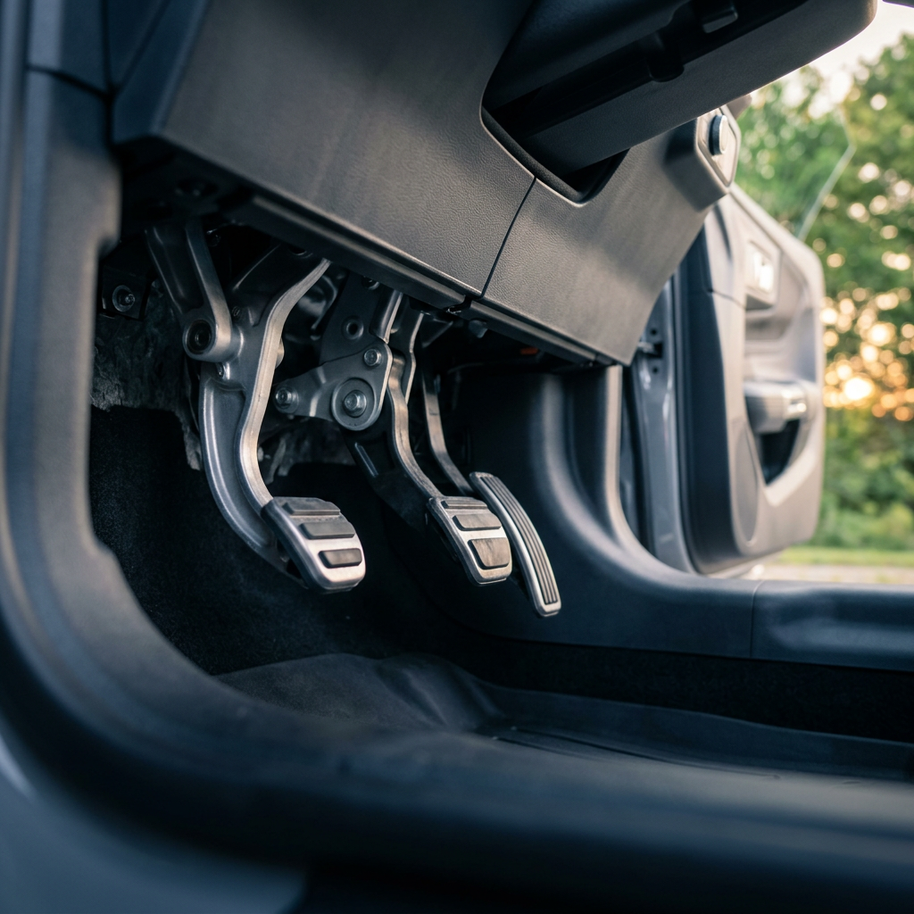 Close-up view of the clutch, brake, and accelerator pedals in a manual transmission car. (Representative image for illustration purposes only. Actual vehicle may vary based on trim and configuration.)