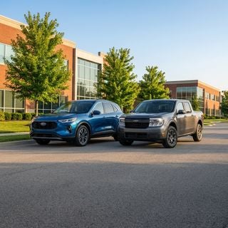 Wide-angle cinematic automotive photography, a sleek 2026 Ford Escape and a versatile 2026 Ford Maverick parked side-by-side in a modern suburban business park, Ohio tri-state area architecture with red brick buildings and large glass windows, golden hour sunlight casting a warm glow over the scene, long soft shadows, lush green maple trees and manicured lawns in the background, clean asphalt road, vibrant and optimistic color palette, sharp focus on the metallic paint and modern LED headlights, soft bokeh background, professional and aspirational atmosphere, high-resolution realistic textures, clear blue sky.