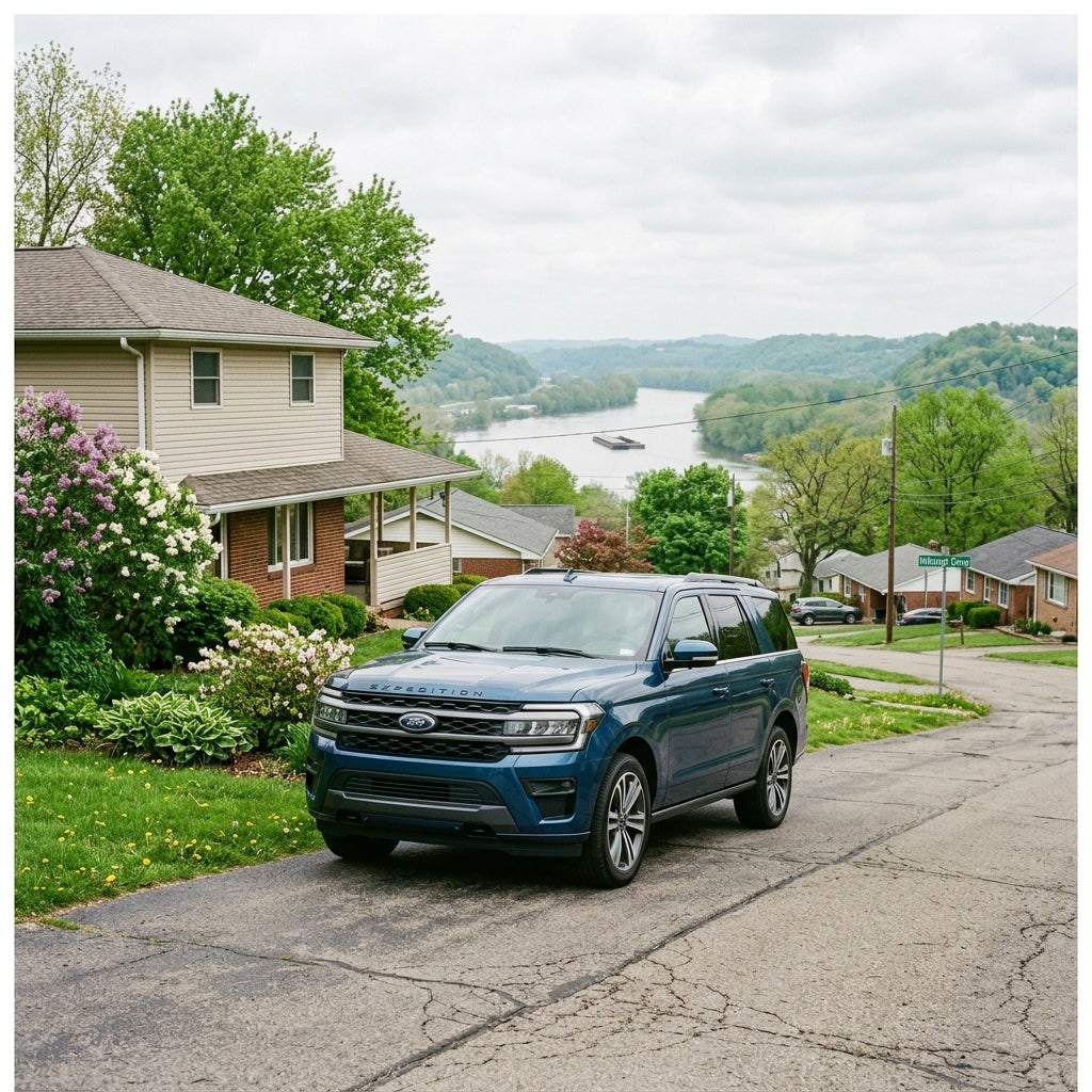 A 2026 Ford Expedition, clean and modern in a deep metallic blue, parked on a paved residential driveway of a modest, two-story mid-century home, Ohio River valley landscape, rolling hills and a hazy river view in the distant background, lush green deciduous trees of late May, bright overcast sky wi