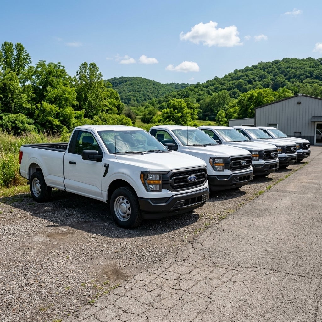 A wide-angle, low-angle shot of a neat row of five identical white Ford F-150 work trucks parked in a gravel-and-asphalt commercial lot in Calcutta, Ohio, late morning in June, bright sunlight with scattered cumulus clouds, the trucks are the focal point, clean and gleaming with standard steel wheel