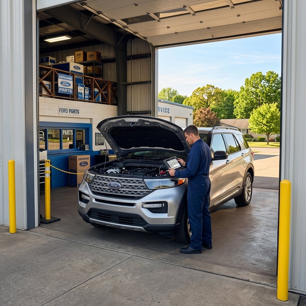 Wide-angle shot, exterior, professional service bay at a local Ford dealership in East Liverpool, Ohio, late morning, Friday, June 19, 2026, warm early summer sunlight, bright blue sky with light wispy clouds, a silver Ford Explorer with its hood propped open is the focal point, a factory-trained te