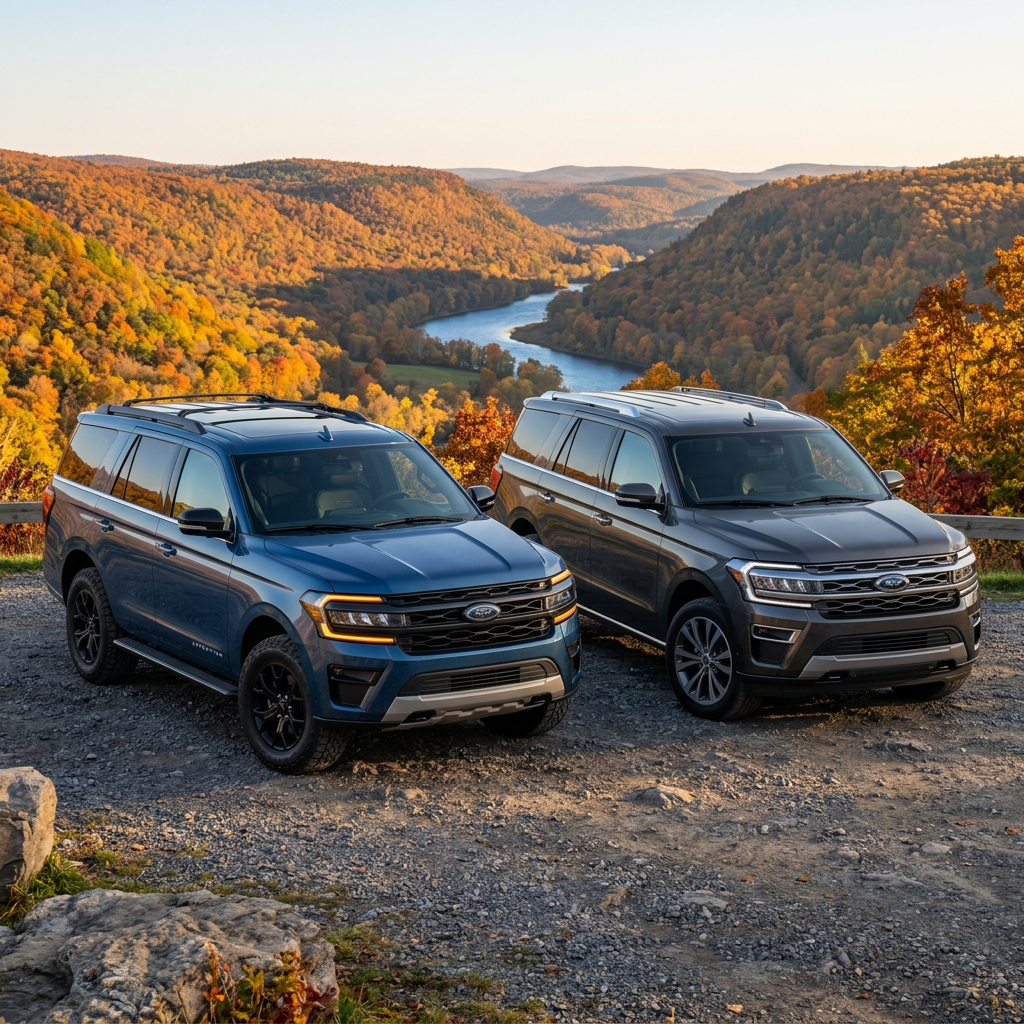 Two Ford Expedition SUVs parked on a rocky overlook with a scenic autumn river valley in the background. (Representative image for illustration purposes only. Actual vehicle may vary based on trim and configuration.)