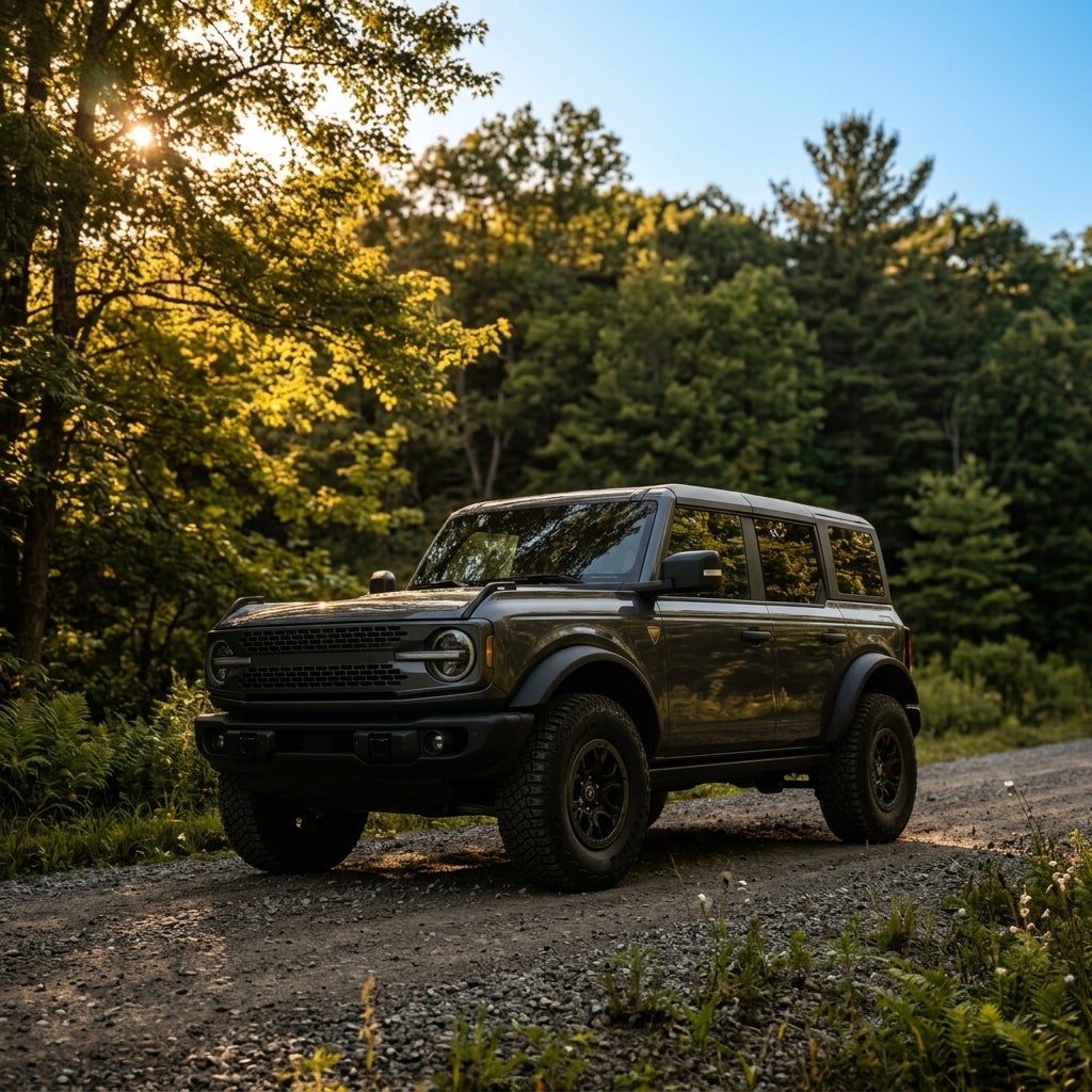 Dark grey Ford Bronco parked on a gravel trail in a sunlit forest. (Representative image for illustration purposes only. Actual vehicle may vary based on trim and configuration.)