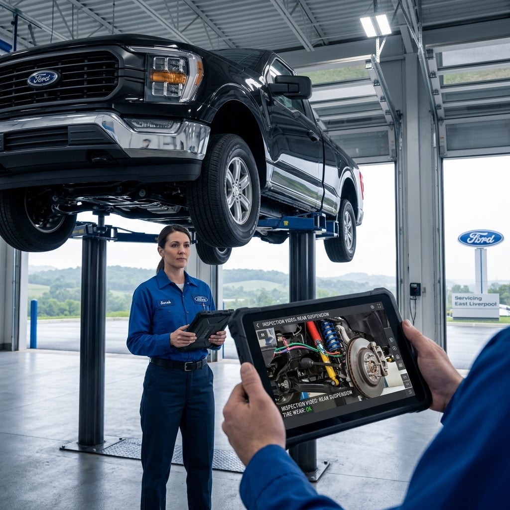 A professional automotive technician in a clean, modern service bay at a dealership in East Liverpool, Ohio, holding a high-definition tablet to record a video inspection of a Ford F-150 on a hydraulic lift, cinematic low-angle shot focusing on the technician's hands and the digital interface, blurr