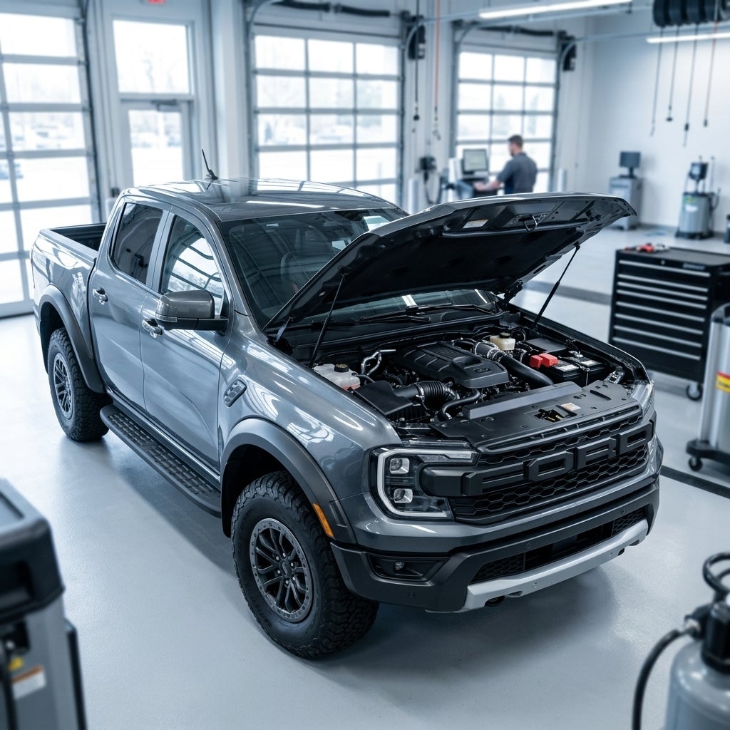 A grey Ford Ranger Raptor pickup truck with its hood open inside a bright auto service garage. (Representative image for illustration purposes only. Actual vehicle may vary based on trim and configuration.)
