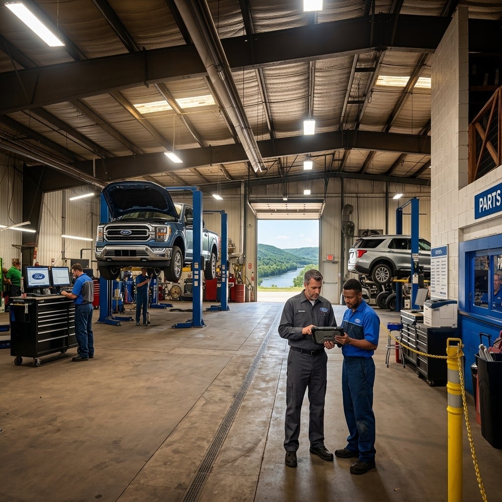 Cinematic, wide-angle shot, inside a bustling Ford dealership service bay in East Liverpool, Ohio, late morning, June 2026, bright summer sunlight filtering through high industrial windows, illuminating dust motes and concrete floors, a 2024 Ford F-150 and a modern Ford Explorer parked on hydraulic 