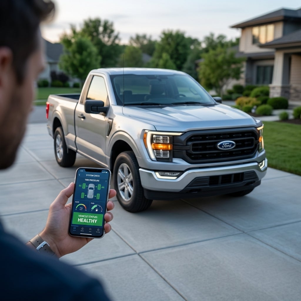 A sophisticated lifestyle photography shot of a modern Ford F-150 parked in a pristine suburban driveway in the soft morning light, a person stands in the foreground holding a sleek smartphone displaying a vibrant interface with vehicle diagnostics, the vehicle's headlights softly glowing as it resp