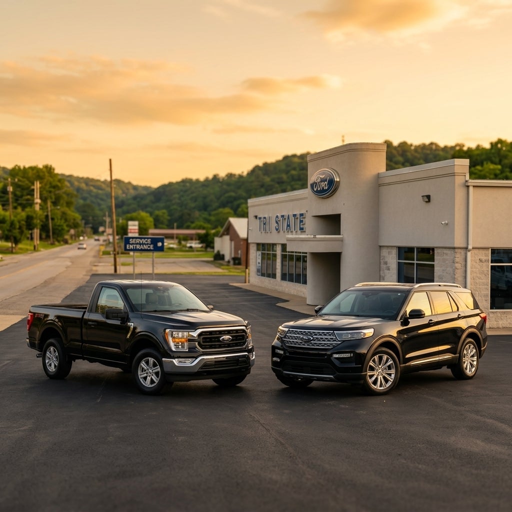 Cinematic wide-angle photograph of a pristine 2026 Ford F-150 and a modern Ford SUV parked prominently on a clean asphalt lot in front of an inviting, contemporary Ford dealership, the rolling green hills and lush trees of the Ohio River Valley under a warm golden hour sky, soft sunlight reflecting 