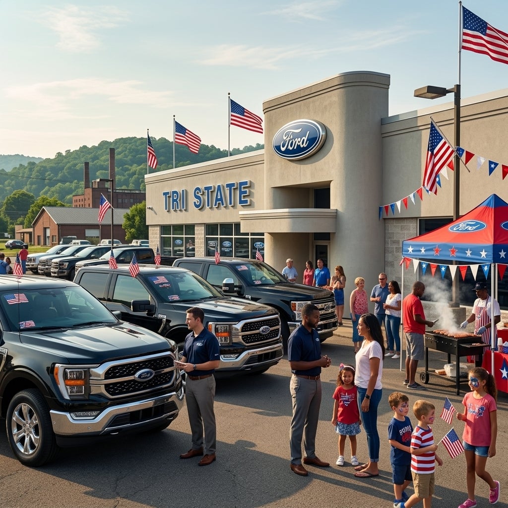 A vibrant community festival scene at a professional automotive dealership in East Liverpool, Ohio, sunny July morning light, wide-angle ground-level shot, the focal point is a gleaming lineup of modern Ford F-150 and Super Duty pickup trucks parked on a clean asphalt lot, American flags fluttering 