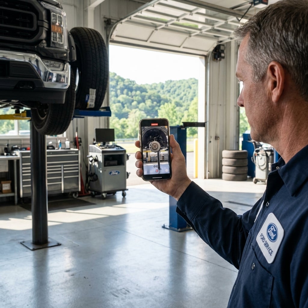 Inside a well-lit, professional Ford dealership service bay in East Liverpool, Ohio, a service manager with over 10 years of experience, dressed in a clean navy blue technician's uniform, holds a smartphone to record a high-definition video of a Ford F-150 up on a hydraulic lift. The camera angle is