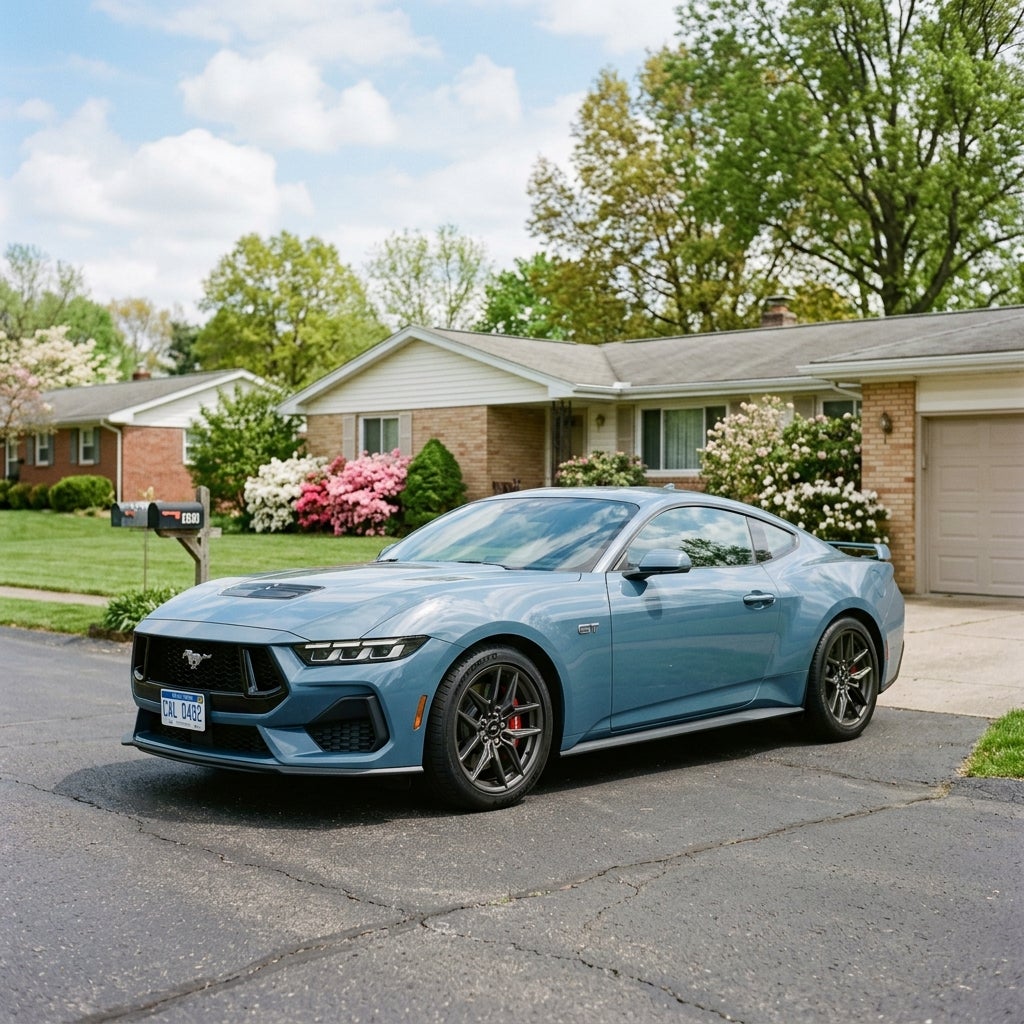 2026 Ford Mustang GT, modern performance fastback, Vapor Blue Metallic paint, parked in a tidy paved driveway of a modest mid-century suburban home in Calcutta, Ohio, late spring afternoon, May 21st, bright clear sky with soft white clouds, lush green lawns, budding deciduous trees, flowering azalea
