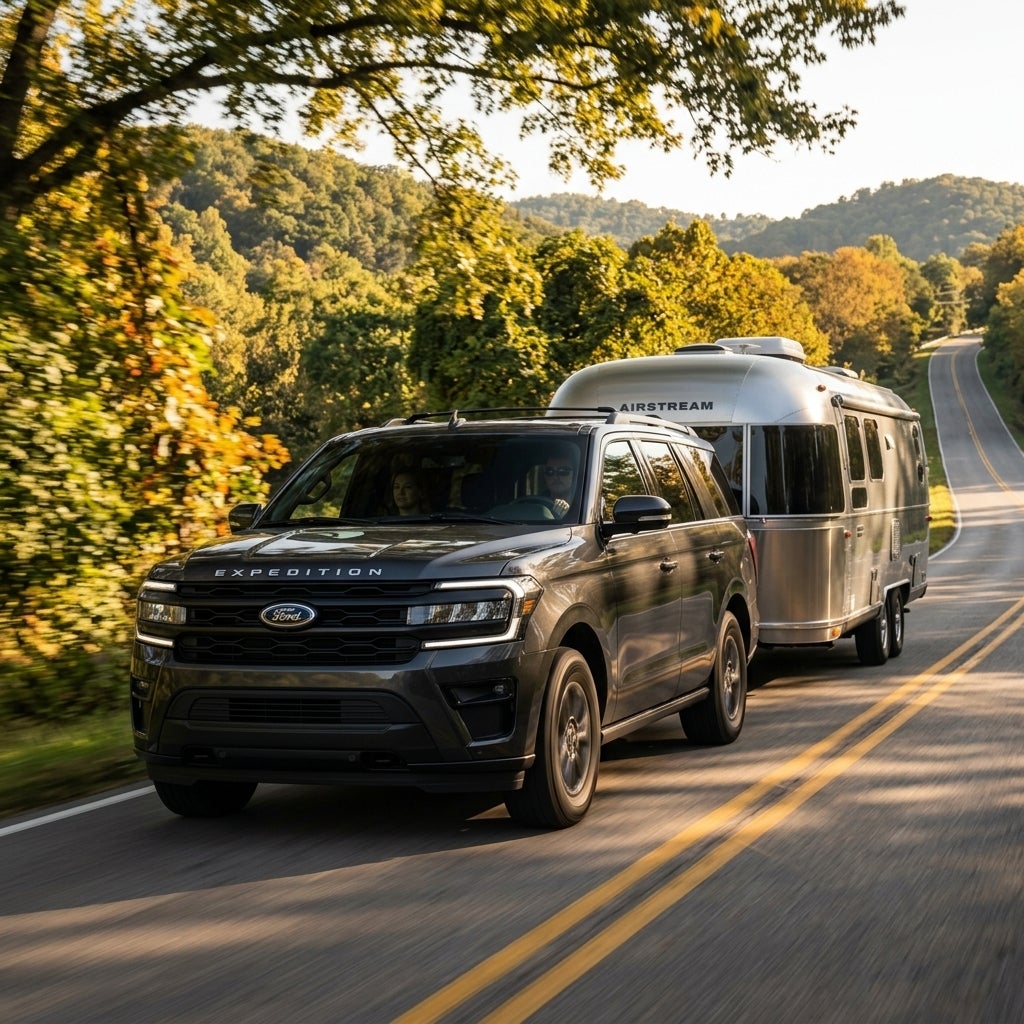 A grey Ford Expedition towing a silver Airstream trailer on a winding road through autumn hills. (Representative image for illustration purposes only. Actual vehicle may vary based on trim and configuration.)