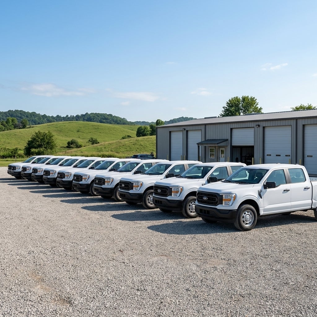 A line of identical white Ford F-150 pickup trucks parked on a gravel lot in front of a metal garage building. (Representative image for illustration purposes only. Actual vehicle may vary based on trim and configuration.)