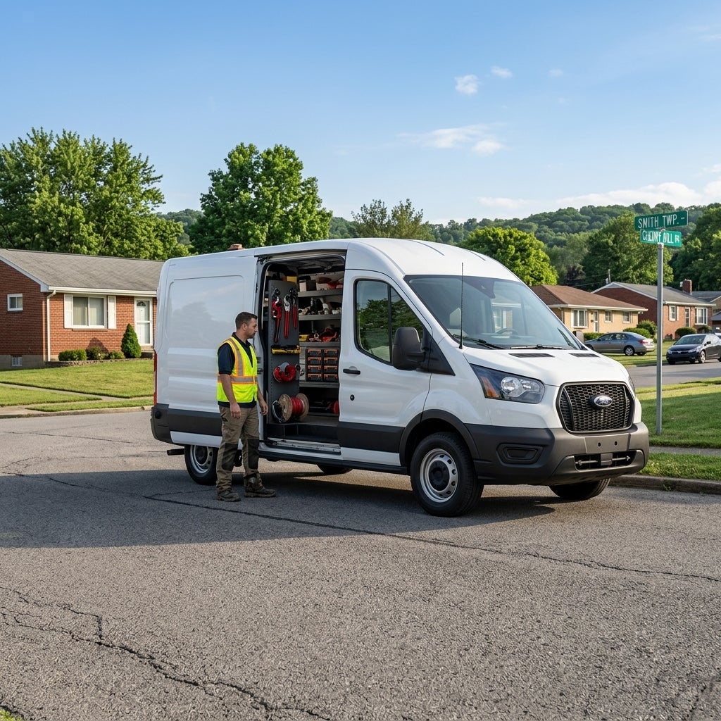 2026 Ford Transit-150 cargo van, crisp white paint, parked on a residential street in Smith Township, Pennsylvania, early summer afternoon, clear blue sky with soft June sunlight, lush green deciduous trees and rolling hills in the background, a professional contractor in a high-visibility vest and 