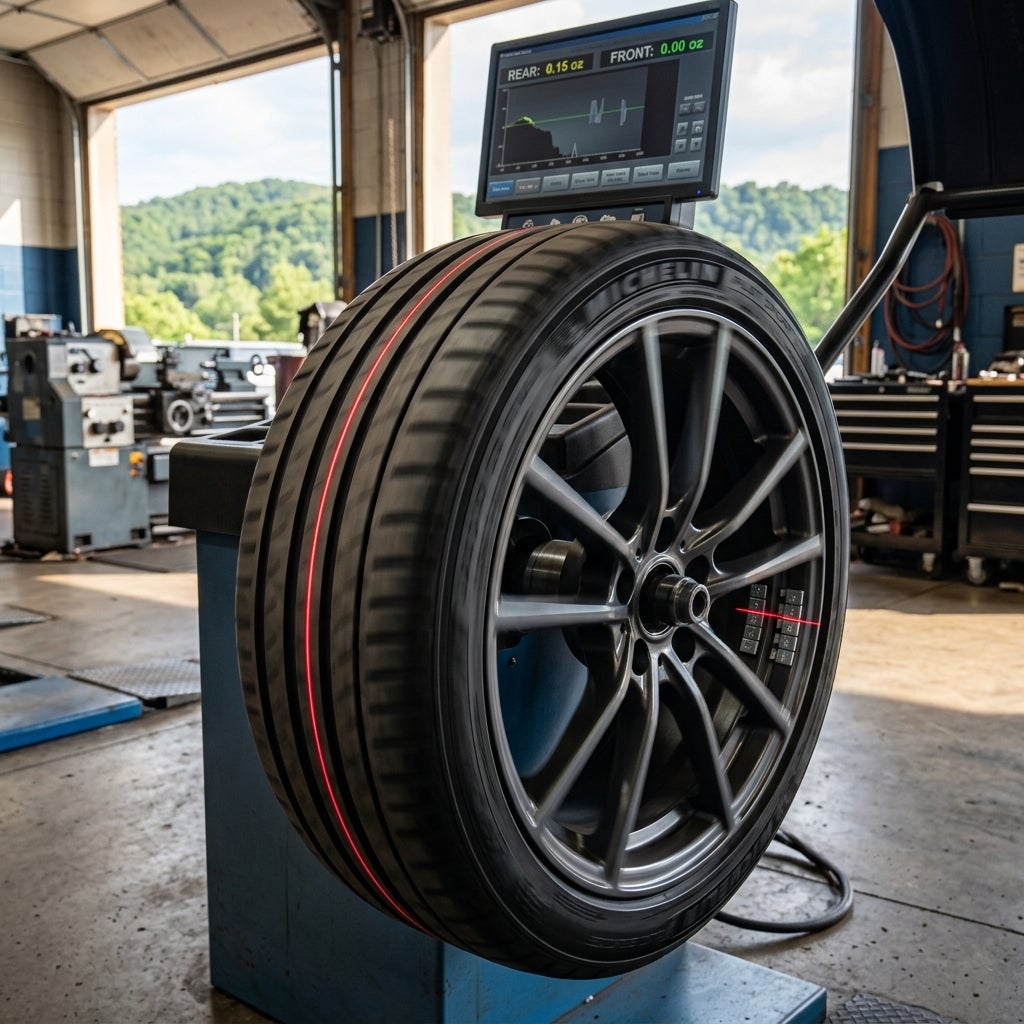 Close-up shot of a modern automotive tire and sleek alloy rim mounted on a high-precision digital balancing machine, the tire spinning with a slight motion blur to suggest speed and smoothness, a glowing red laser diagnostic line projected across the deep black rubber tread, small silver adhesive co