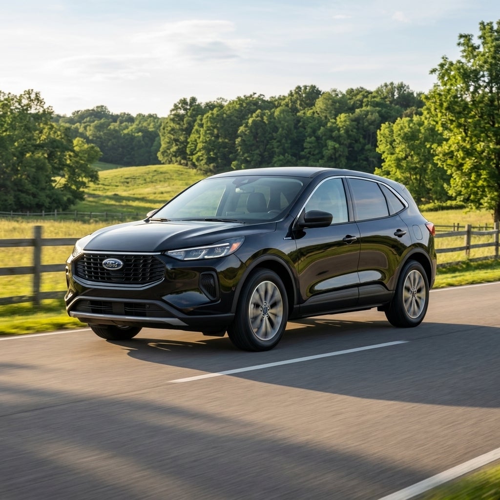 A black Ford SUV driving along a paved rural road past a wooden fence and grassy green hills. (Representative image for illustration purposes only. Actual vehicle may vary based on trim and configuration.)