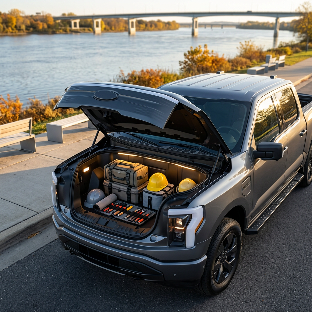 A gray electric Ford F-150 Lightning truck with its front trunk open, filled with tools and hard hats near a river. (Representative image for illustration purposes only. Actual vehicle may vary based on trim and configuration.)