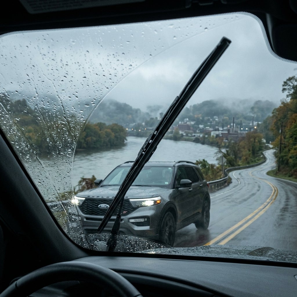 Cinematic eye-level shot of a modern Ford vehicle driving along a winding riverside road in the Ohio River Valley during a misty morning, heavy rain droplets on the windshield being perfectly cleared by a high-quality beam wiper blade, sharp focus on the crystal-clear glass contrasting with the blur