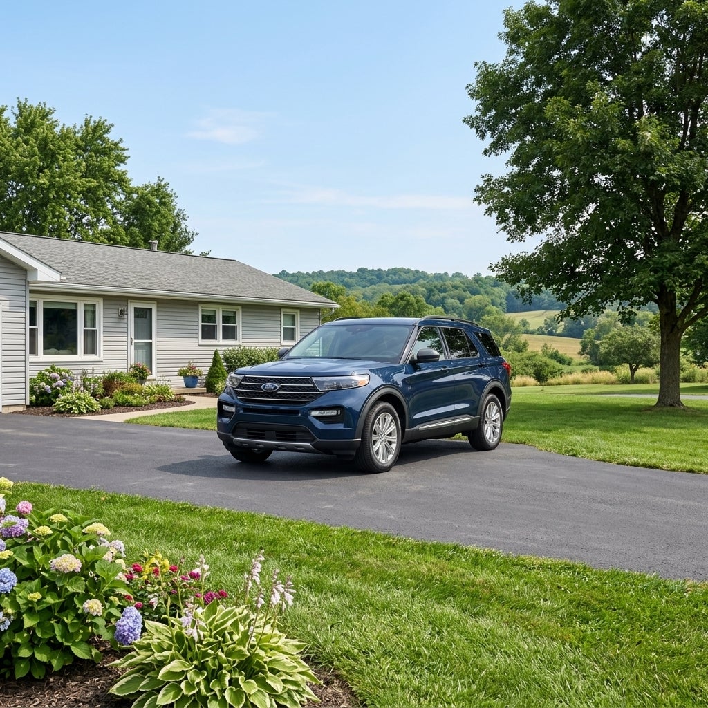 A blue Ford Explorer parked on a paved driveway of a suburban house with a lush green lawn. (Representative image for illustration purposes only. Actual vehicle may vary based on trim and configuration.)