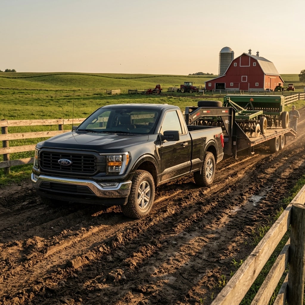 Black Ford F-150 truck towing a heavy-duty trailer with farm equipment along a muddy rural road. (Representative image for illustration purposes only. Actual vehicle may vary based on trim and configuration.)