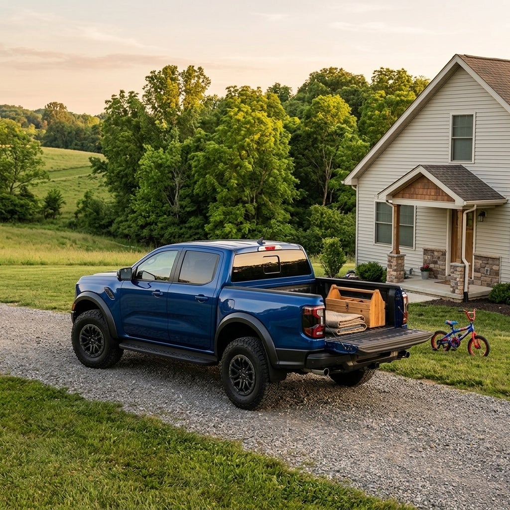 A blue pickup truck parked on a gravel driveway next to a house with a lowered tailgate. (Representative image for illustration purposes only. Actual vehicle may vary based on trim and configuration.)