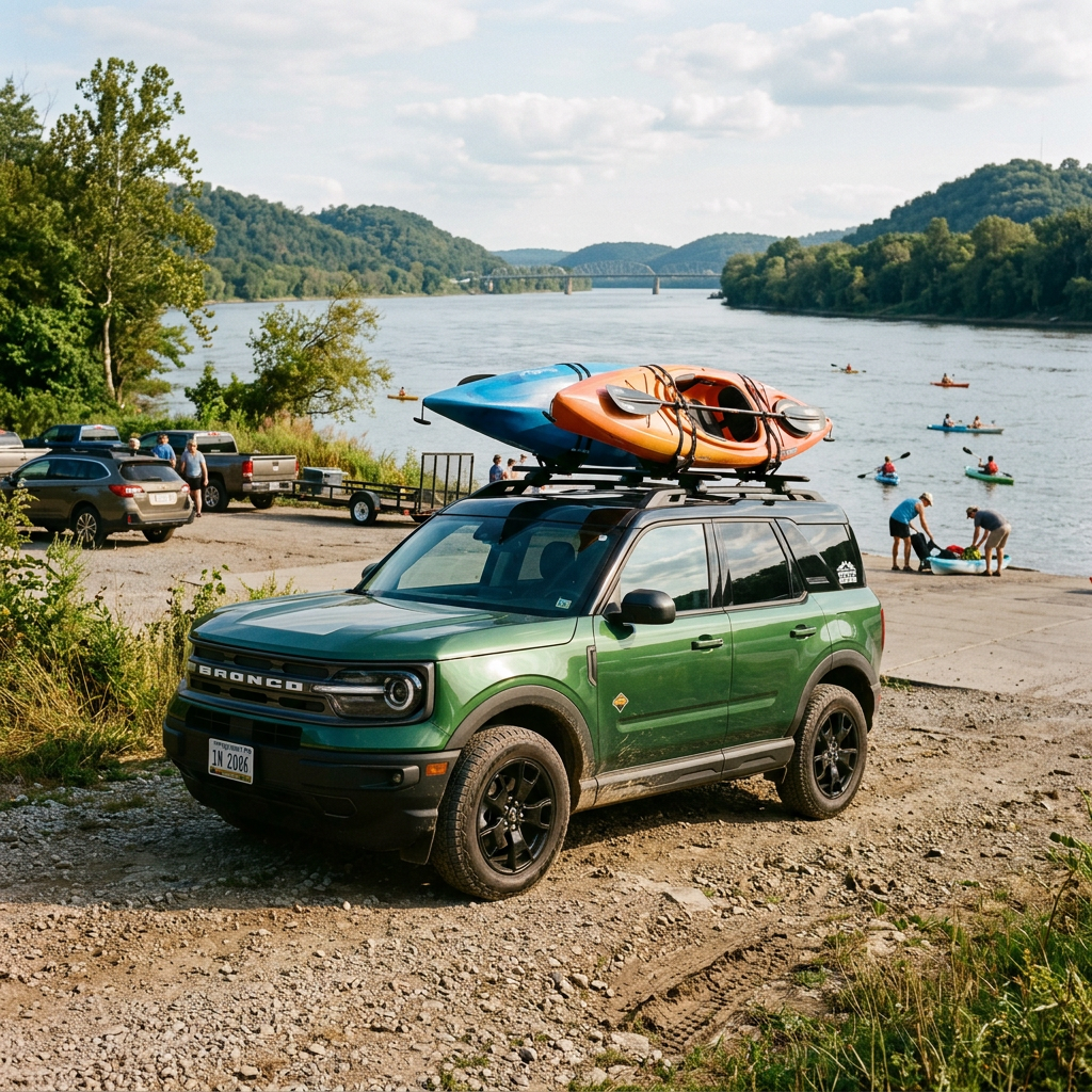 A green Ford Bronco Sport with blue and orange kayaks on top parked near a river ramp. (Representative image for illustration purposes only. Actual vehicle may vary based on trim and configuration.)