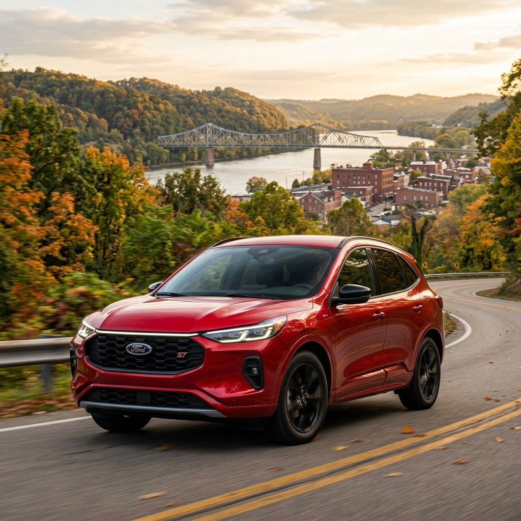 A modern 2026 Ford Escape ST-Line Select in a striking Rapid Red finish, driving along a scenic winding road through the rolling green hills and lush forests of the Ohio River Valley, cinematic low-angle tracking shot capturing the vehicle’s sporty mesh grille and sleek LED signature lighting, backg