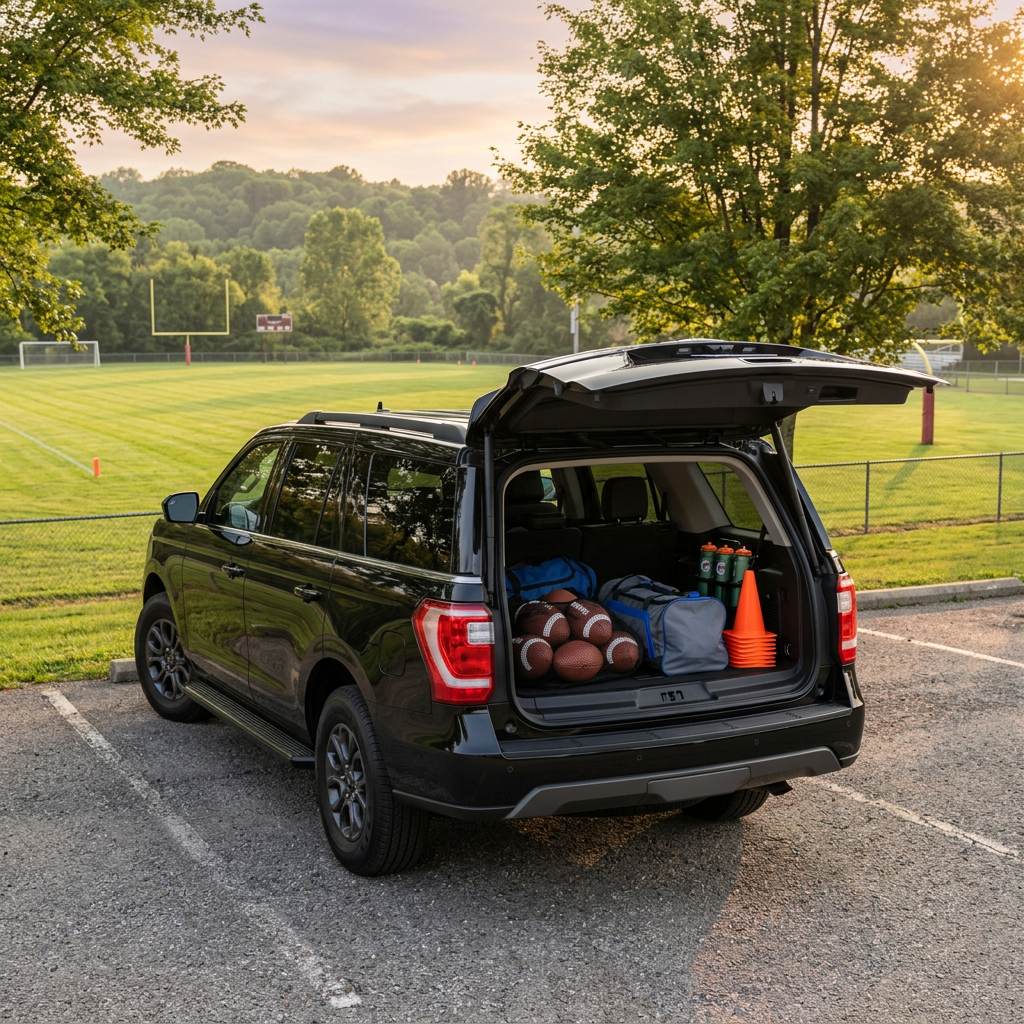 A black SUV with its trunk open, parked next to a grassy sports field, filled with sports equipment. (Representative image for illustration purposes only. Actual vehicle may vary based on trim and configuration.)