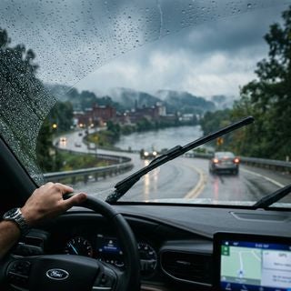 Cinematic eye-level shot of a modern Ford vehicle driving along a winding riverside road in the Ohio River Valley during a misty morning, heavy rain droplets on the windshield being perfectly cleared by a high-quality beam wiper blade, sharp focus on the crystal-clear glass contrasting with the blurred foggy landscape of rolling hills and East Liverpool architecture in the background, cool atmospheric lighting with soft glows from the headlights reflecting on the wet asphalt, a moody color palette of slate grays, deep blues, and forest greens, photorealistic style, high-detail textures of rubber and glass, 8k resolution, capturing the essence of a safe and clear commute through unpredictable Tri-State weather.