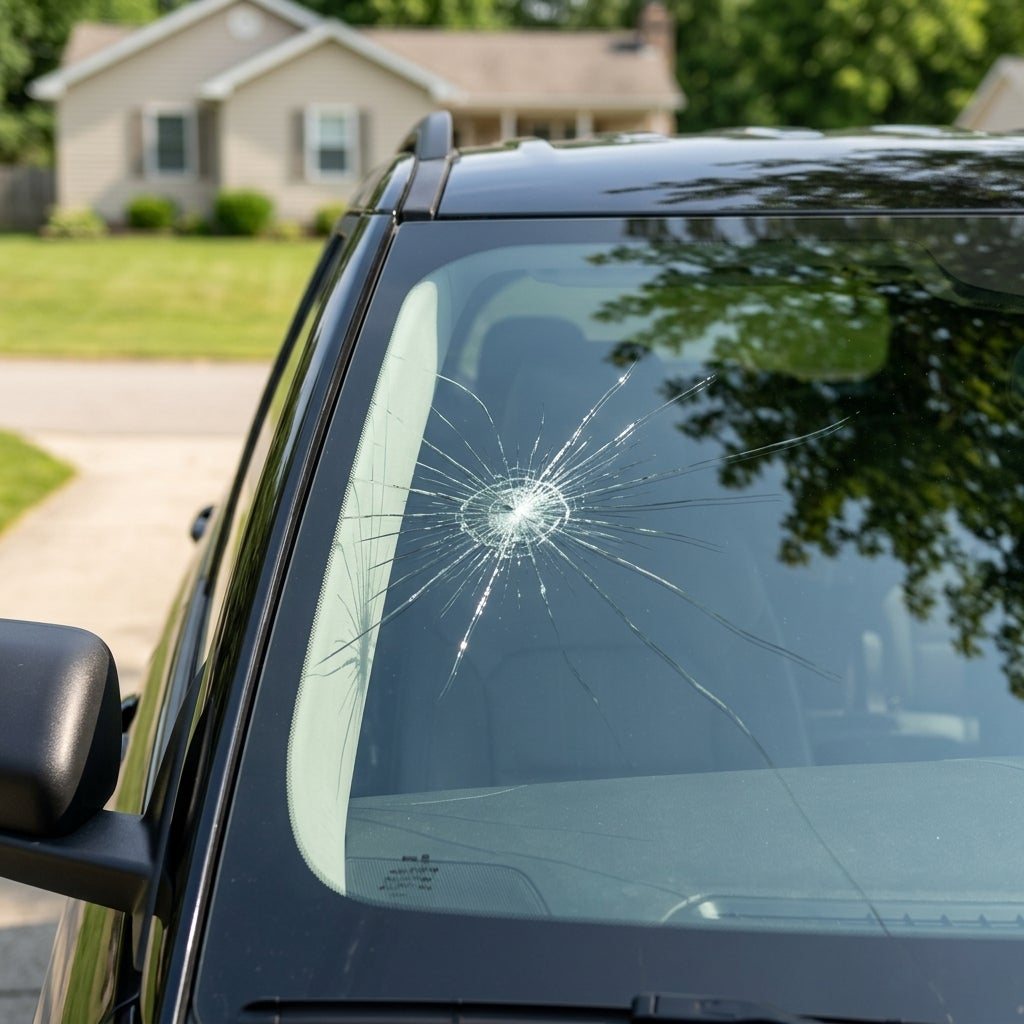 Large spiderweb crack on the windshield of a black car parked in a driveway. (Representative image for illustration purposes only. Actual vehicle may vary based on trim and configuration.)