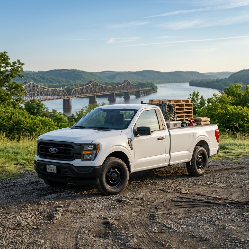 A 2026 Ford F-150 XL in Oxford White, parked on a gravel job site overlooking the Ohio River near East Liverpool, industrial steel bridge and rolling green Appalachian hills in the soft focus background, early morning June light, clear blue sky with thin wispy clouds, dew on the grass, realistic wor