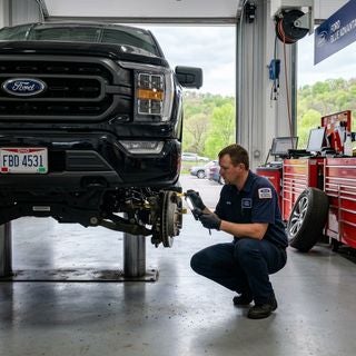 Vivid, eye-level shot of a professional Ford certified technician in a clean, navy blue Ford service uniform, diligently inspecting the front braking system of a late-model Ford F-150 inside a modern, well-lit service bay in East Liverpool, Ohio. The scene is bright and practical, featuring industrial gray floors, professional hydraulic lifts, and organized tool chests that reflect a working-class, high-standard environment. Through the open bay door, the late May spring afternoon is visible with a soft, overcast sky, budding green deciduous trees, and the modest, gently rolling hills of the Ohio River valley. The lighting is crisp and natural, highlighting the technician's focused expression and the metallic textures of the vehicle's components. The mood is one of expertise, reliability, and precision, capturing the essence of the Ford Blue Advantage standards in a realistic, suburban-industrial Midwest setting. The color palette is dominated by Ford blue, silver metallics, and the fresh greens of the late spring landscape.
