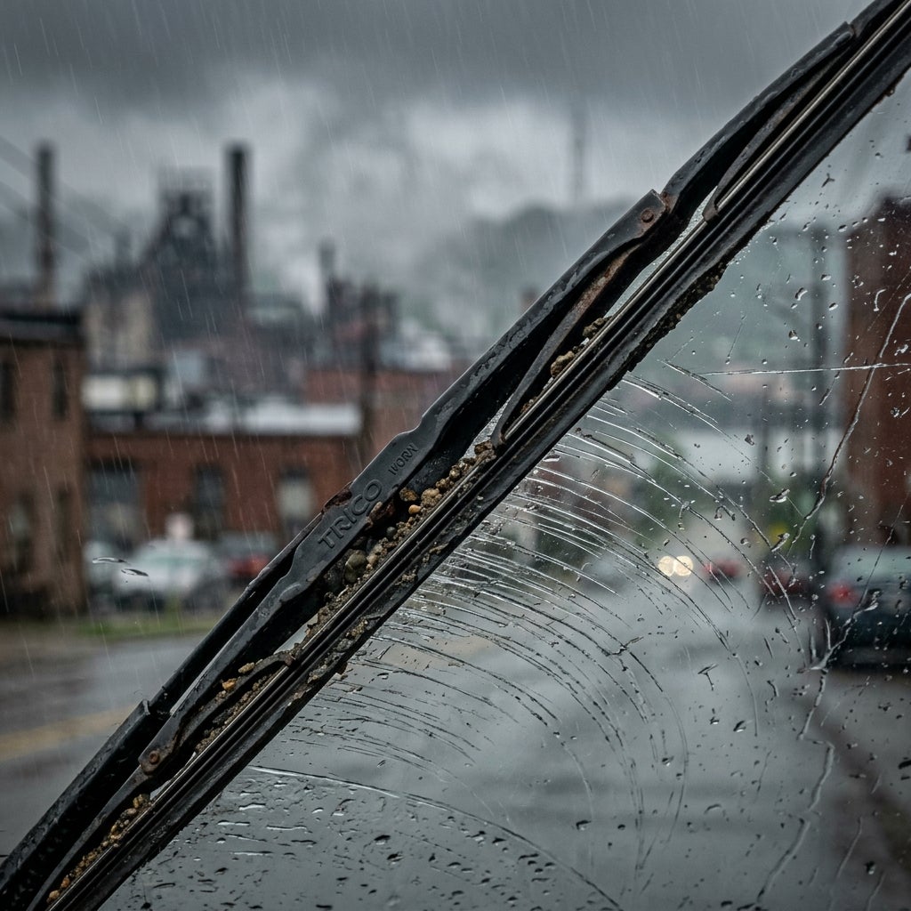 Macro photography, close-up shot of a car windshield during a heavy rainstorm in East Liverpool, Ohio, a worn and frayed windshield wiper blade resting against the glass, visible arched scratches and deep etchings on the glass surface where the rubber has deteriorated, grit and road pebbles trapped 