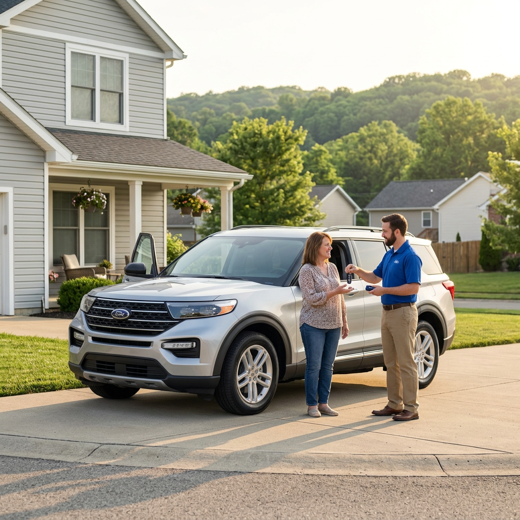 A service representative hands car keys to a woman standing next to a silver Ford Explorer SUV in a driveway. (Representative image for illustration purposes only. Actual vehicle may vary based on trim and configuration.)
