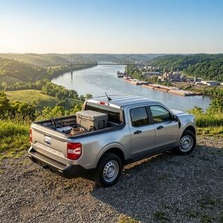 A sleek 2026 Ford Maverick XL compact pickup truck parked on a scenic overlook above the Ohio River near East Liverpool, the wide river and a distant steel suspension bridge spanning the valley in the background, the truck bed is thoughtfully loaded with outdoor weekend gear including fishing rods and a rugged cooler, soft morning golden hour sunlight illuminating the truck's modern metallic silver finish, lush green rolling hills of the Ohio valley under a clear blue sky, a mix of industrial riverfront architecture and natural forest in the distance, low-angle three-quarters hero shot, realistic automotive photography style, crisp details, vibrant natural color palette, sense of reliability and versatility, serene and optimistic mood.