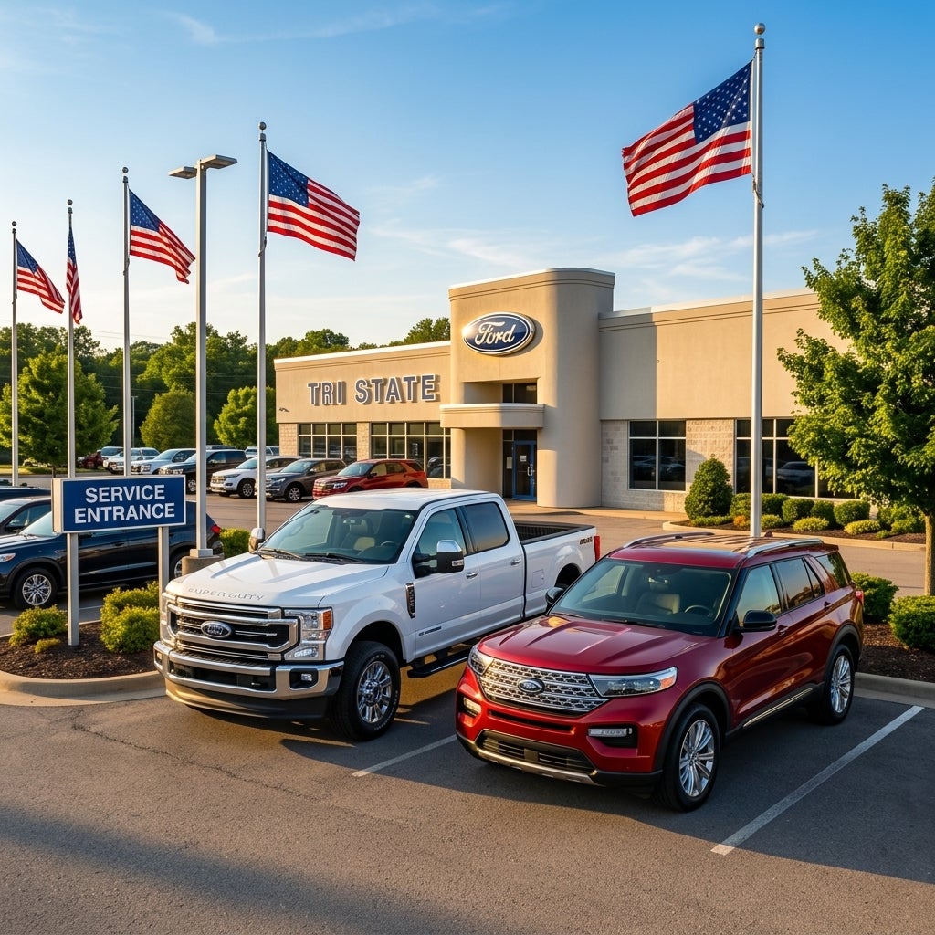 Cinematic automotive photography, sprawling modern dealership lot in a sunny Midwestern American town, focus on a pristine white pickup truck and a sleek metallic red SUV, low-angle hero shot, warm golden hour sunlight, long soft shadows, bright blue sky with wispy clouds, American flags waving on t