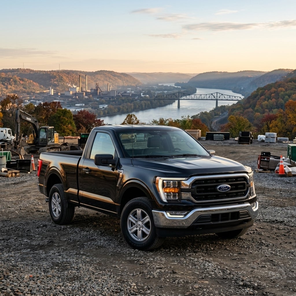 A professional 2026 Ford F-150 pickup truck parked on a gravel job site overlooking the Ohio River valley, East Liverpool industrial architecture and a steel bridge visible in the distant hazy background, dramatic golden hour sunlight reflecting off the high-strength aluminum-alloy body, rugged thre