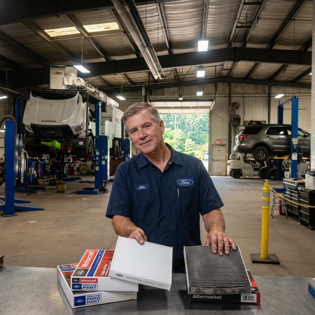 Jim Dinsmore, an experienced Parts Manager with a friendly, knowledgeable expression, standing in a clean, professional Ford dealership service bay in East Liverpool, Ohio, early summer morning light, he is holding a crisp white genuine Ford cabin air filter next to a dark, dust-clogged aftermarket 