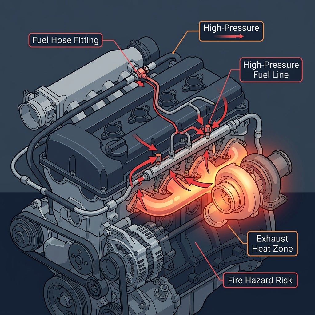 Diagram illustrating engine fire hazards caused by high-pressure fuel lines leaking onto a glowing hot exhaust heat zone. (Representative image for illustration purposes only. Actual vehicle may vary based on trim and configuration.)