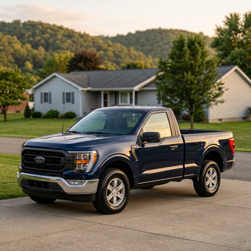 A dark blue Ford F-150 regular cab pickup truck parked on a concrete driveway in front of a suburban home. (Representative image for illustration purposes only. Actual vehicle may vary based on trim and configuration.)
