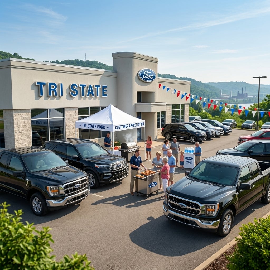 A wide-angle, cinematic shot of a festive customer appreciation event at a Ford dealership in East Liverpool, Ohio, during a bright, sunny afternoon in late June. The scene is set on a clean, asphalt lot under a clear blue sky with light, wispy clouds. In the foreground, several current-model Ford t