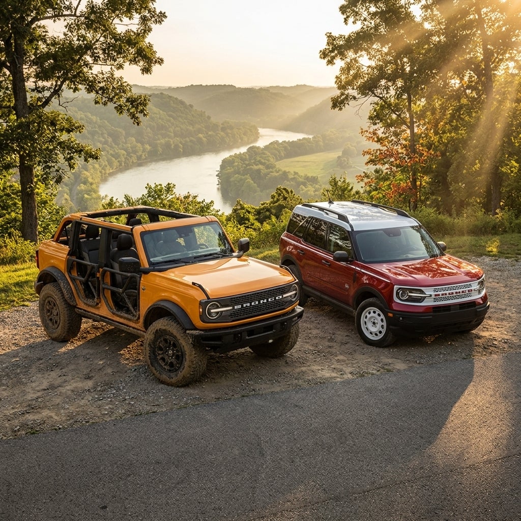 A side-by-side comparison of a full-size Ford Bronco and a compact Ford Bronco Sport, parked on a scenic overlook above the winding Ohio River, the larger Bronco featuring an open-air design with its roof and doors removed and rugged oversized off-road tires, the Bronco Sport showcasing its sleek un