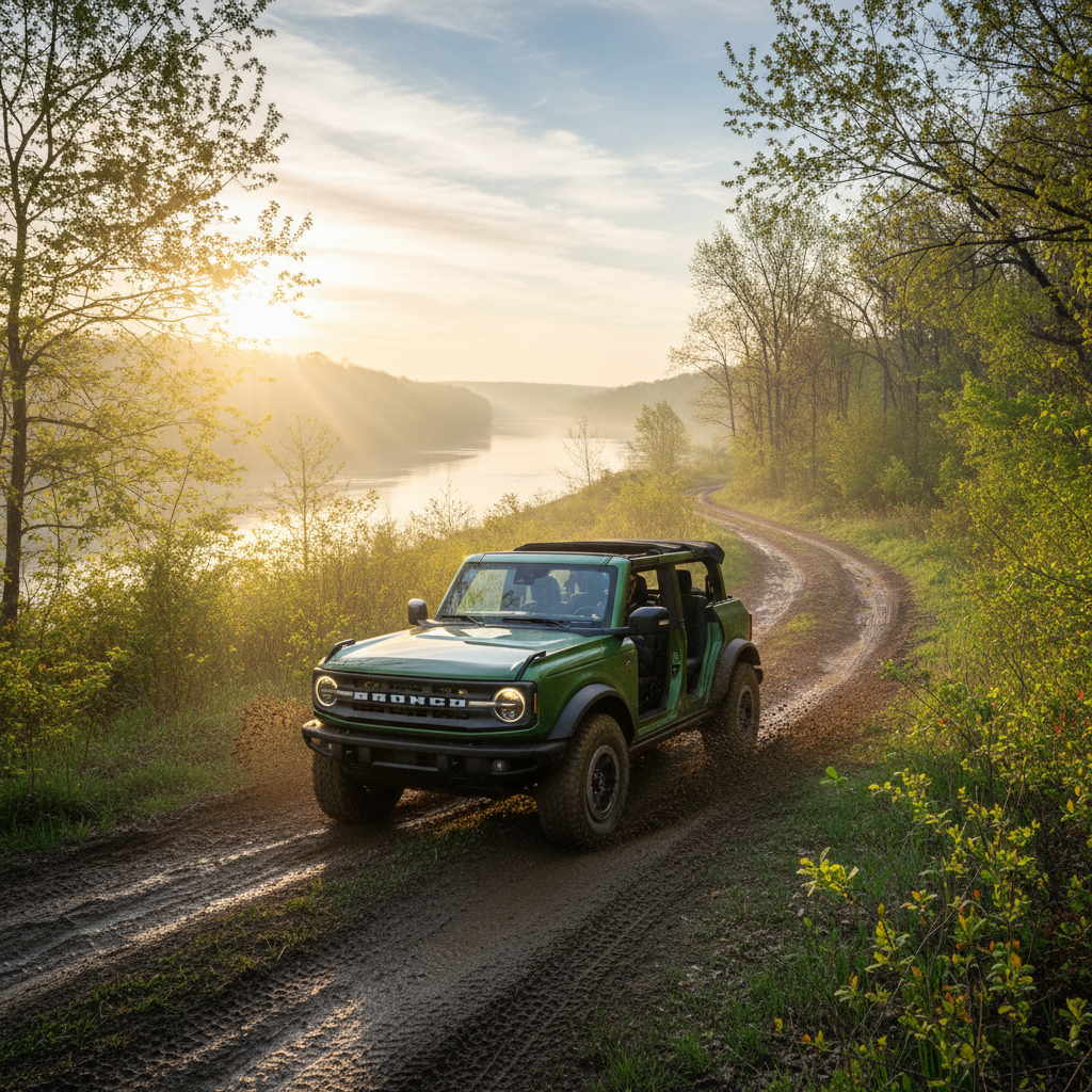 A 2026 Ford Bronco in Eruption Green navigating a lush, muddy trail in early spring near East Liverpool, OH.