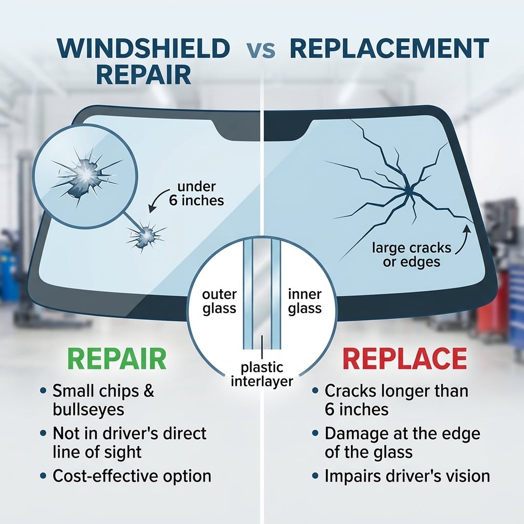 Infographic explaining when to repair versus replace a windshield based on size, location, and type of damage. (Representative image for illustration purposes only. Actual vehicle may vary based on trim and configuration.)