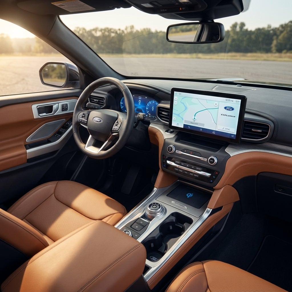 Interior of a modern Ford Explorer with tan leather seats, a digital dashboard, and a large central touchscreen. (Representative image for illustration purposes only. Actual vehicle may vary based on trim and configuration.)