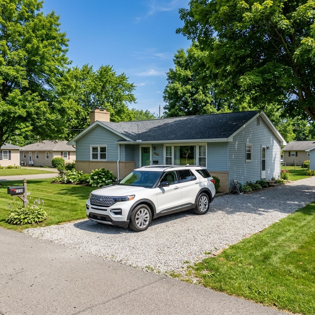 A realistic wide shot of a modern, white family SUV parked in a clean gravel driveway of a modest, mid-20th-century ranch-style home in Calcutta, Ohio, early summer afternoon, June