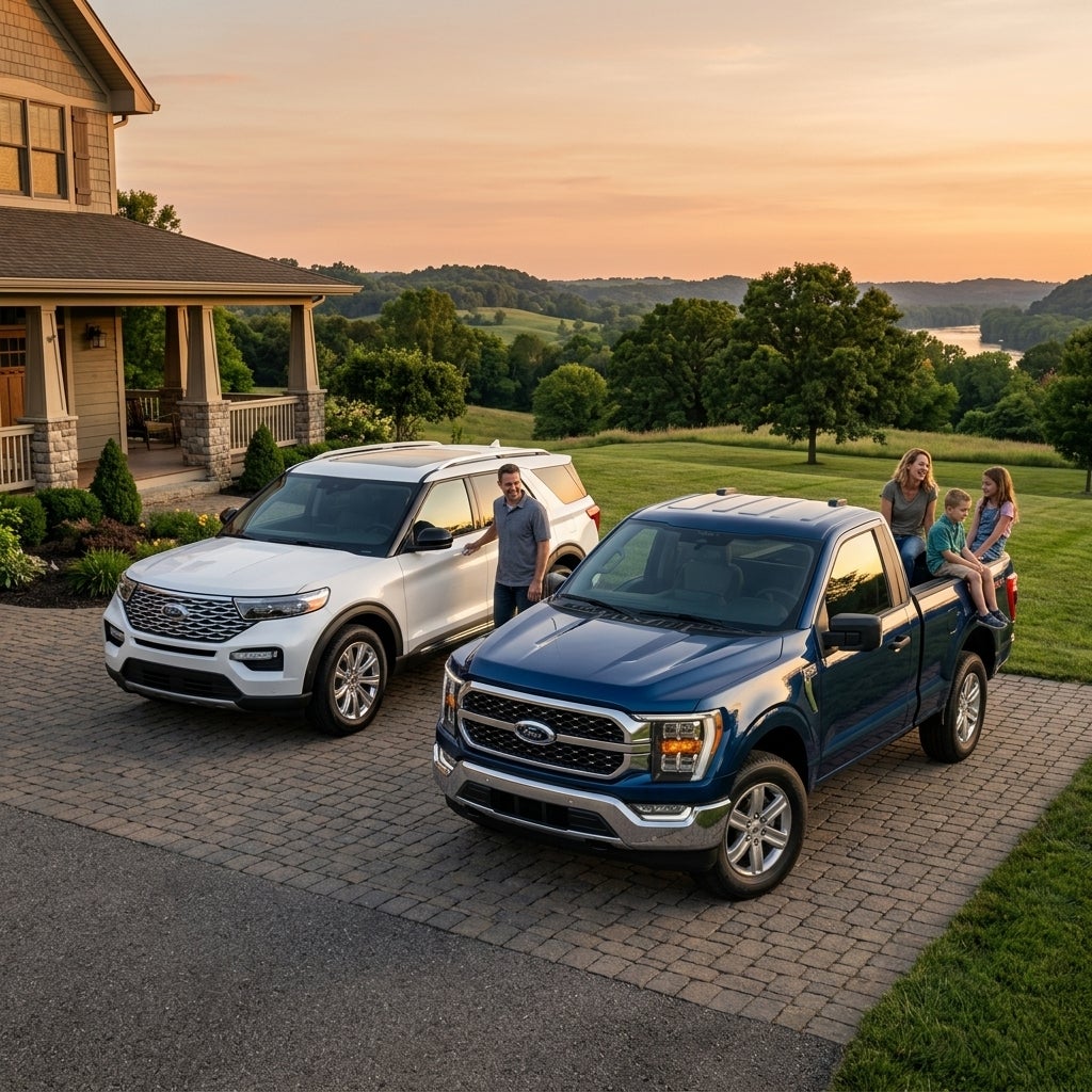 Cinematic commercial photography, a shiny 2026 Ford F-150 in metallic blue and a white Ford Explorer parked side-by-side in the paved driveway of a craftsman-style suburban home, rolling verdant hills of the Ohio River valley in the distance, lush maple and oak trees, warm golden hour sunlight casti