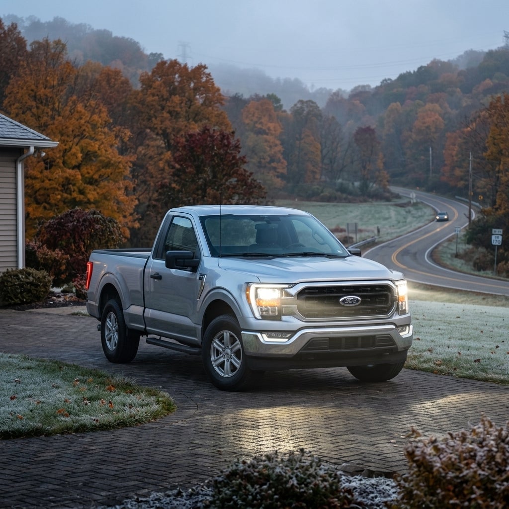 A cinematic, photorealistic wide shot of a modern Ford F-150 parked on a scenic suburban driveway in the Tri-State area near East Liverpool, Ohio, during a crisp and misty autumn morning. The truck is the central focus, its metallic silver body reflecting the soft, cool blue light of dawn while its 